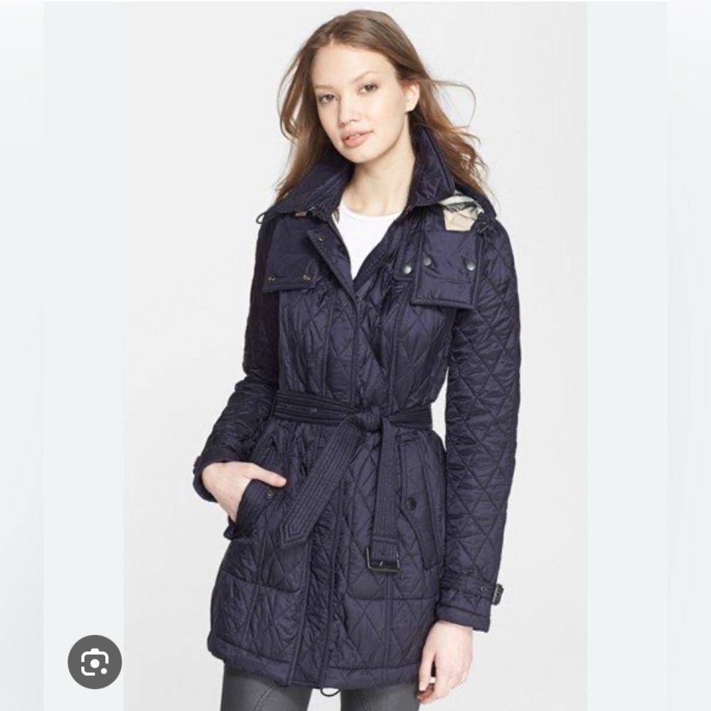 Authentic Burberry Finsbridge Long Quilted Jacket Coat Belted Waist Navy XL NWT